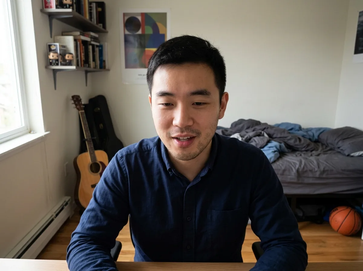 A man in a dark blue shirt talking to the camera at a desk, with a guitar and bookshelves behind him